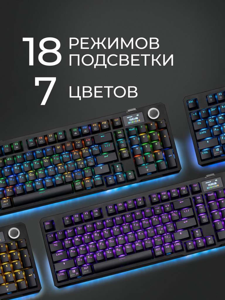 Клавиатура игровая механическая Deppa Silencer проводная / 2.4G / Bluetooth, Red switch, 8000 Mah, LED, LCD