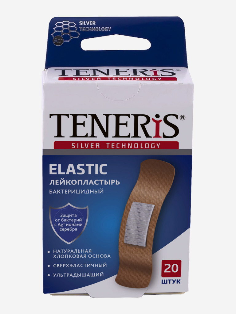 Бактерицидный лейкопластырь TENERIS ELASTIC с ионами серебра на тканевой основе, 20 шт