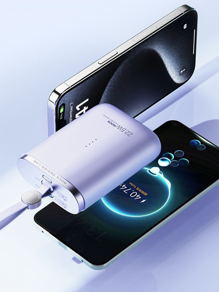 Внешний аккумулятор с быстрой зарядкой и встроенным кабелем 2 в 1 USB-C + LightningRock PowerSack Fast Charging with Cable фиолетовый