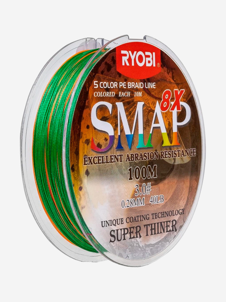 Шнур плетеный для рыбалки Ryobi SMAP PE8X, 100м, 0,285мм, 18кг, мультиколор