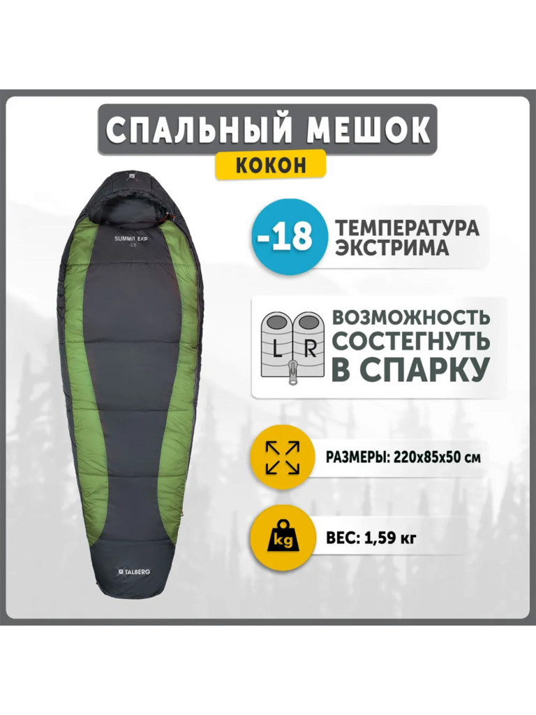Спальный мешок KingCamp SUMMIT EXP -18°C, серый/зеленый, правый
