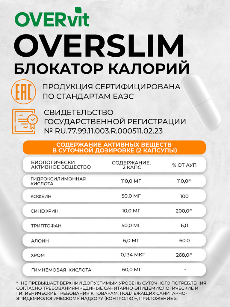 Блокатор калорий OVER ОВЕРСЛИМ, 60 капсул