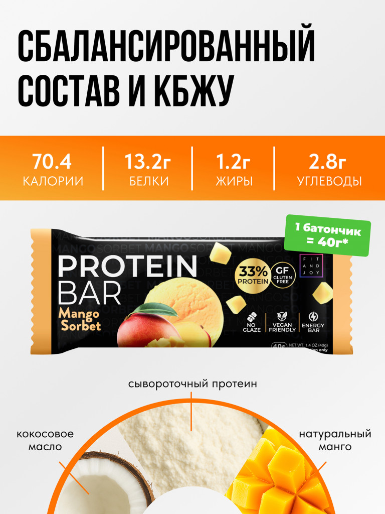 Протеиновые батончики без глазури 16шт Манговый сорбет, без сахара