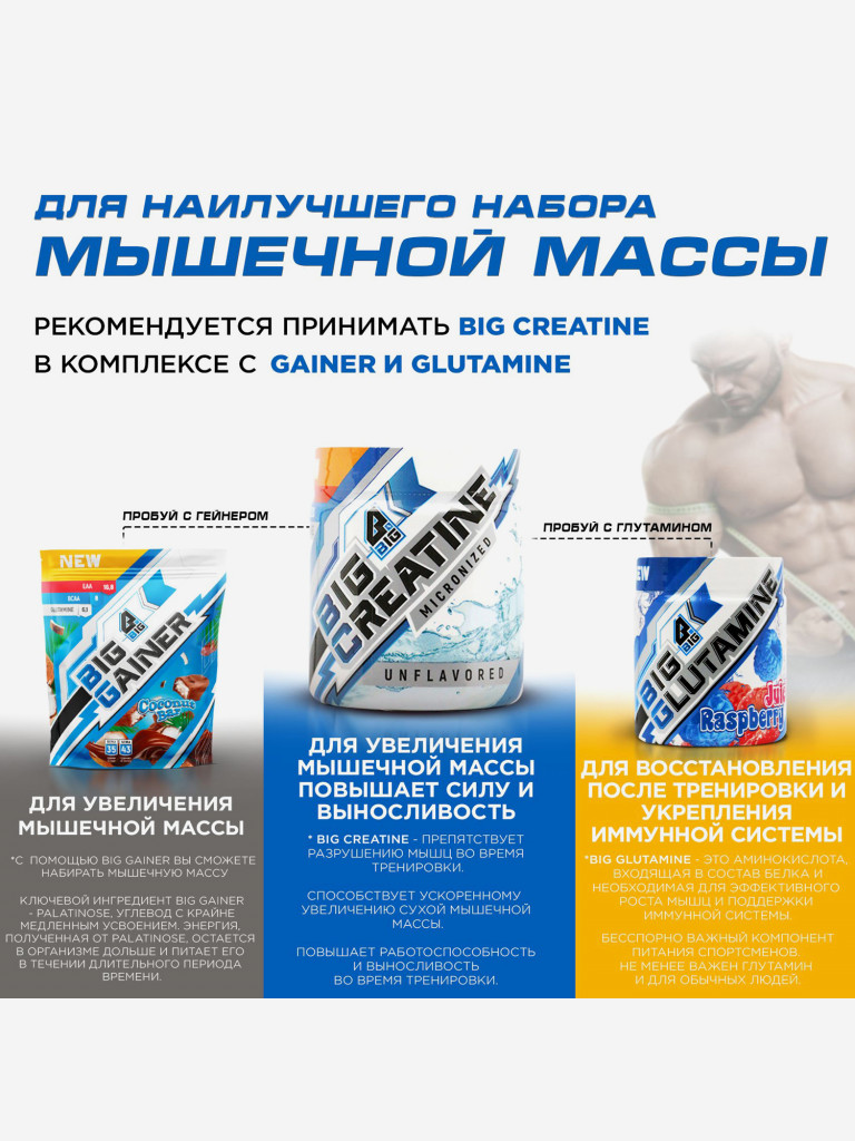 Креатин моногидрат BIGSNT BIG CREATINE для набора мышечной массы, силы и выносливости / 400 грамм, 80 порций, Без вкуса