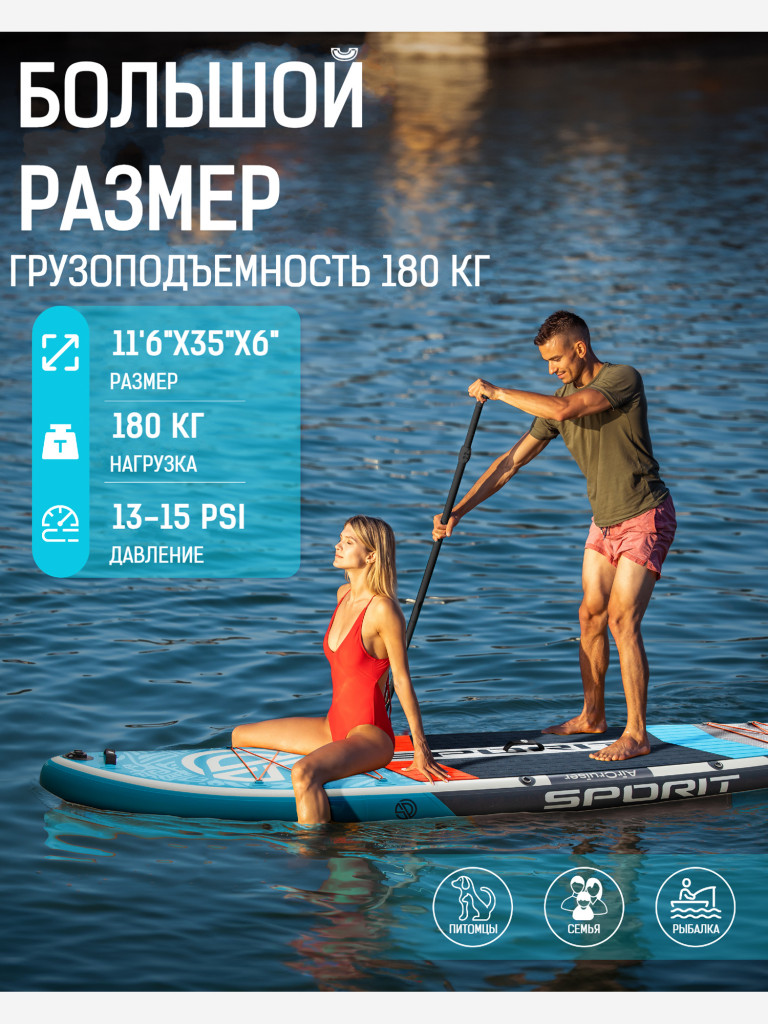 Надувная двухслойная SUP-доска SPORIT AIR CRUISER BLUE GREY PRO, 11'6" 351*86*15 см, сапборд