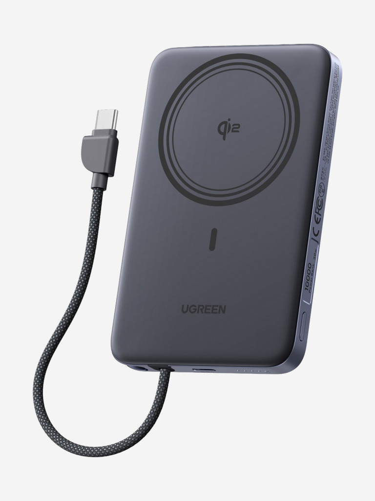 Внешний аккумулятор UGREEN PB570 (75982B) MagFlow Air Ultra-Slim 30W Magnetic 10000mAh Wireless Power Bank USB-C Cable. Цвет: серый космос