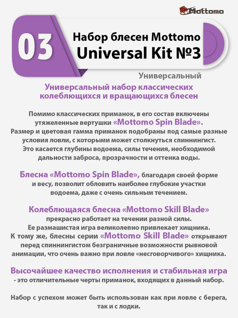 Набор блесен рыболовных для спиннинга Mottomo Universal Kit №3 Универсальный на щуку для форели