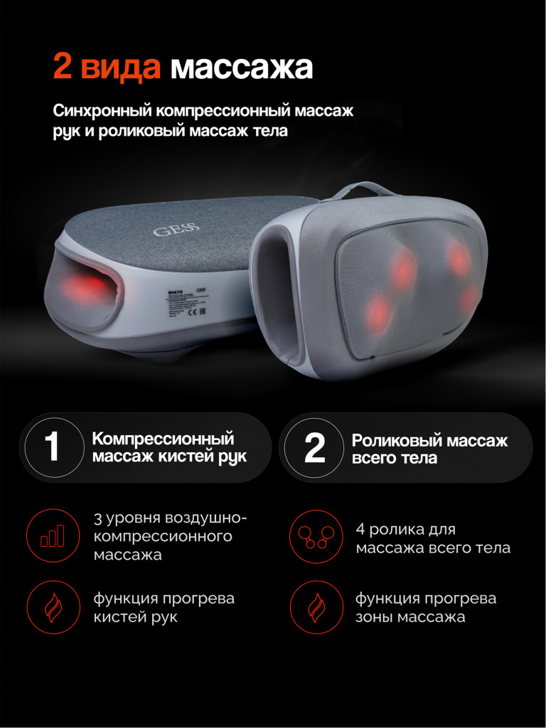 Массажная подушка GESS SHATO, беспроводной массажер для рук, живота и тела