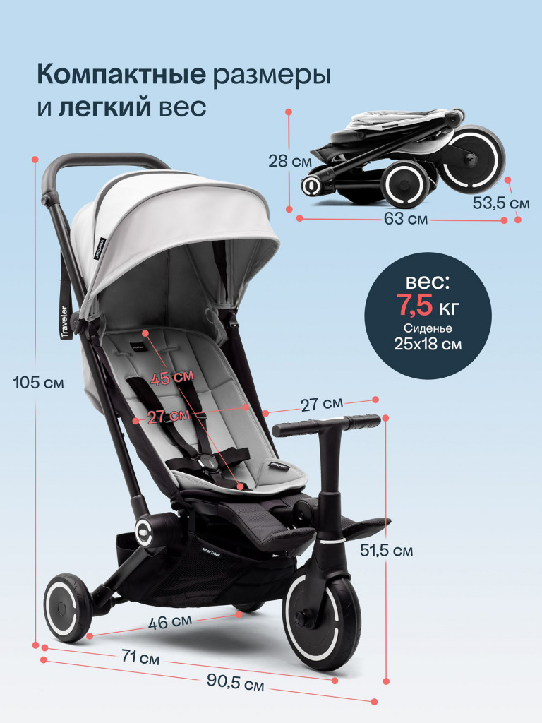 Велосипед детский трехколесный с ручкой SmarTrike Traveler Everest White