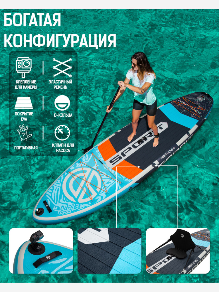 Надувная двухслойная SUP-доска SPORIT AIR CRUISER BLUE GREY PRO, 11'6" 351*86*15 см, сапборд