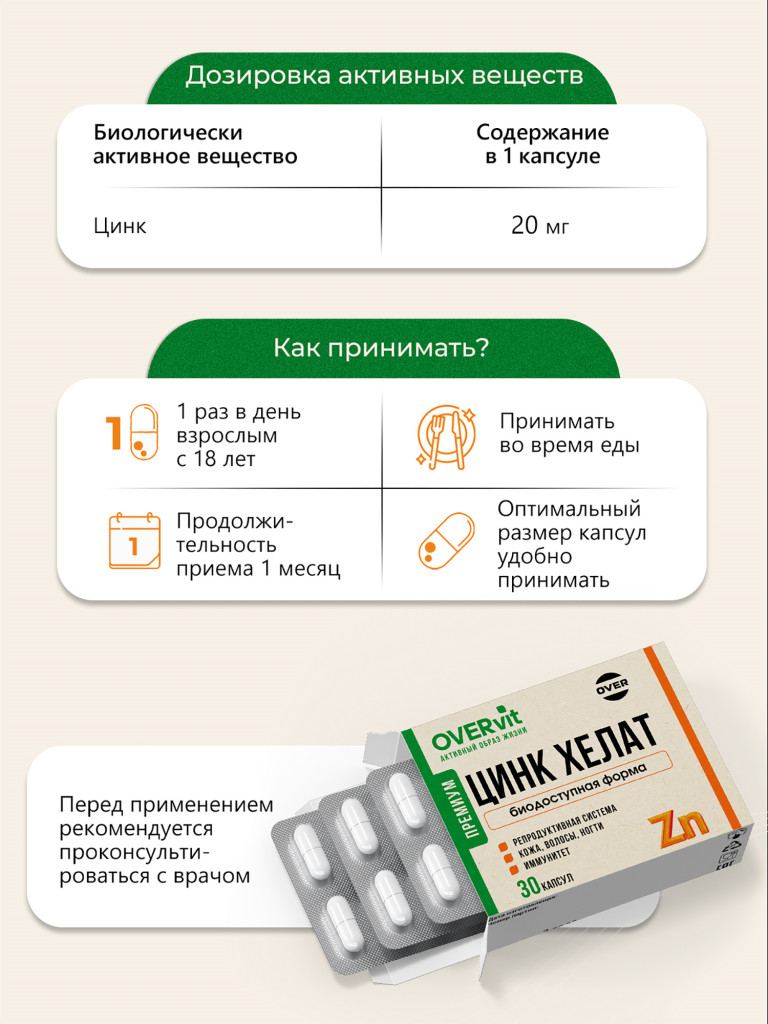 Цинк хелат,OVER, 30 капсул