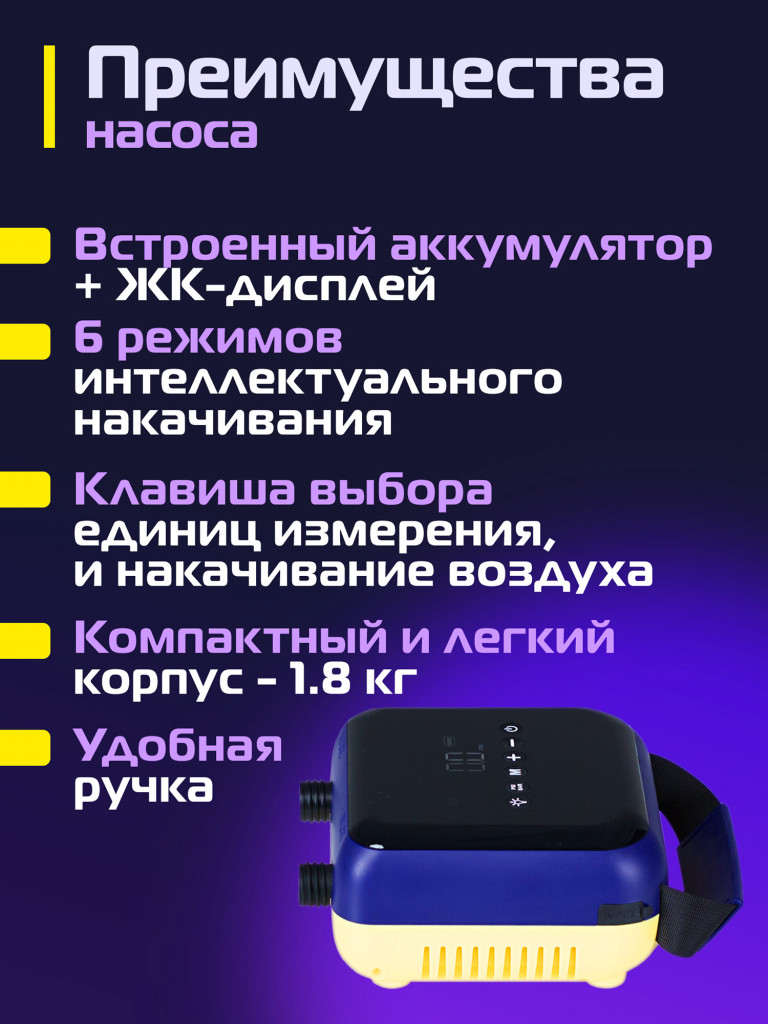 Электрический насос KITAMI KT-708 Plus со встроенным аккумулятором для шин, лодок ПВХ, сапбордов