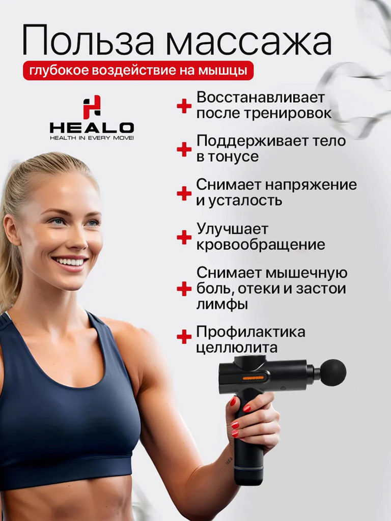 Массажер перкуссионный для тела HEALO,до 3600 ударов в минуту, 4 режима, от 3 до 32 скоростей