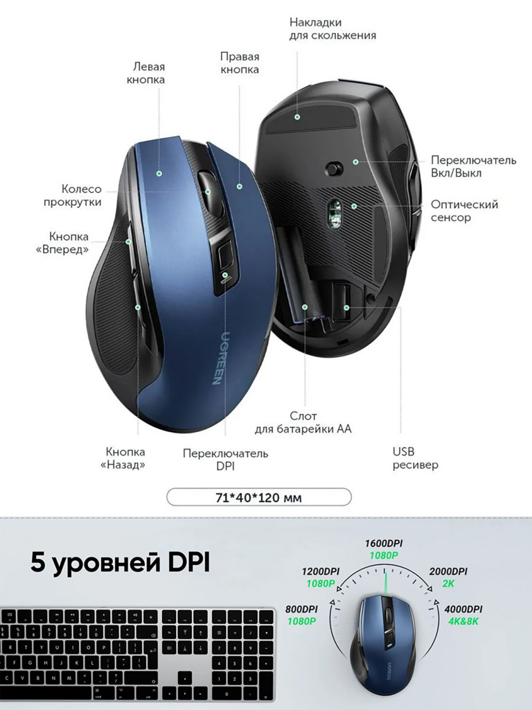 Мышка компьютерная беспроводная UGREEN MU006 (15064) Ergonomic Wireless Mouse 2.4G 4000DPI Silence Design