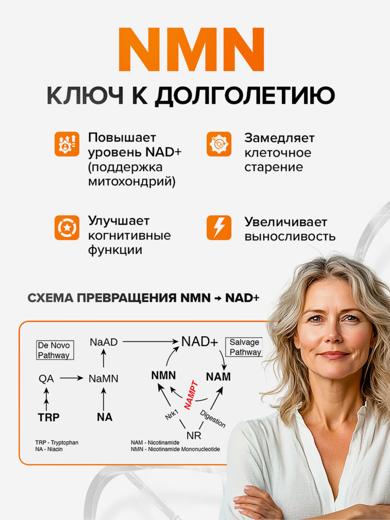 NMN никотинамид мононуклеотид, NMN 300 мг + ресвератрол 100 мг + пиперин 5 мг, NAD+, БАД, 30 капсул