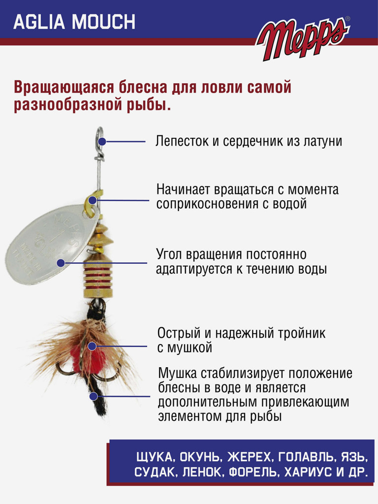 Блесна вращающаяся для рыбалки Mepps AGLIA MOUCH на щуку, окуня