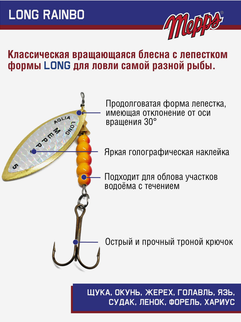 Блесна вращающаяся для рыбалки Mepps LONG RAINBO на щуку, окуня