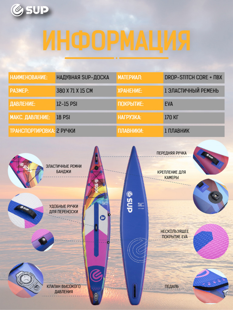 Надувной SUP-борд E-SUP ENCOUNTER RAINBOW, 12'6" 384*71*15 см сапборд