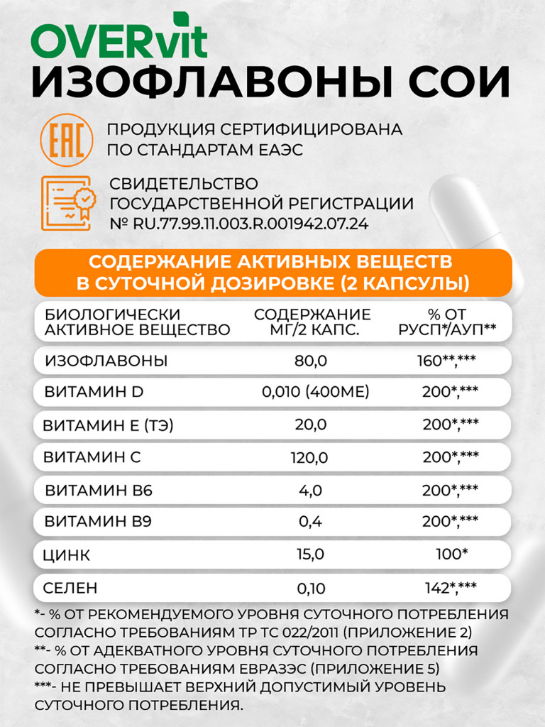 Изофлавоны сои с витаминами Е, Д, С, В6, В9, цинком и селеном OVER, 60 капсул
