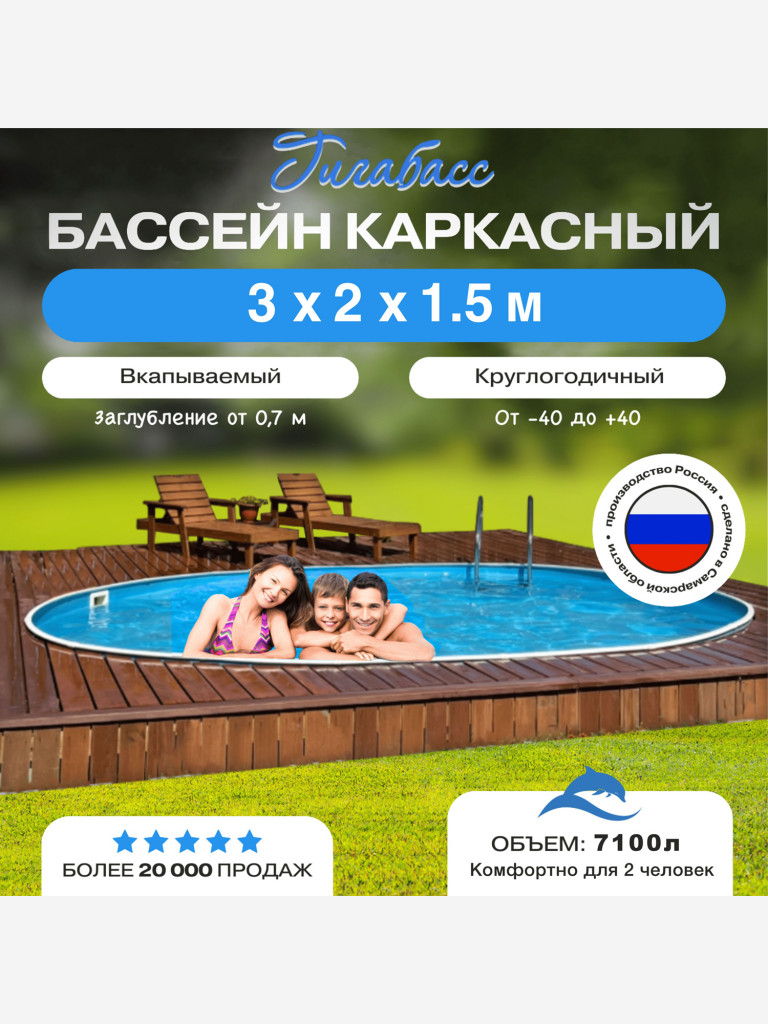 Бассейн ГИГАБАСС овальный вкапываемый 3х2х1,5 м каркасный морозоустойчивый (чашковый пакет 0,6 голубой)