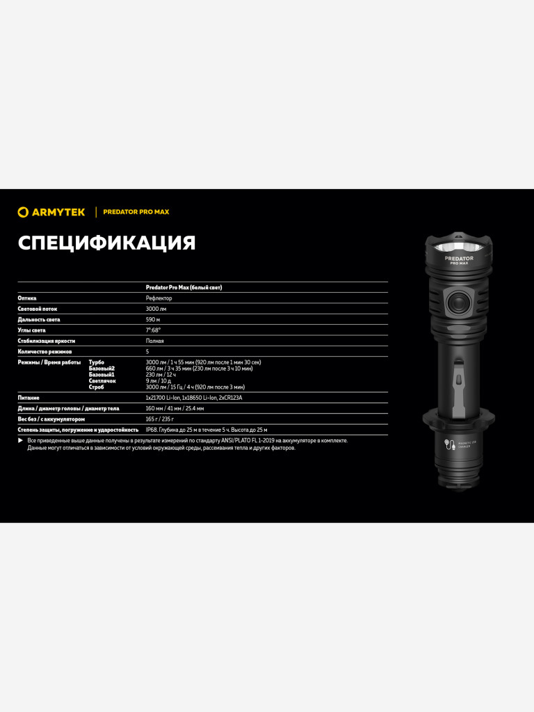 Фонарь светодиодный тактический Armytek Predator Pro Max, 3000 лм, холодный свет