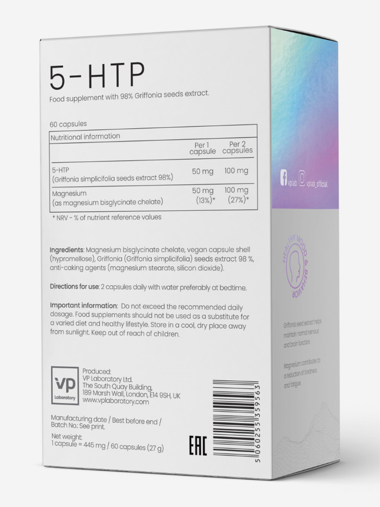 Аминокислота 5-HTP и магний, VP Laboratory/ VPLAB, 5-гидрокситриптофан, здоровый сон и контроль веса, 60 капсул