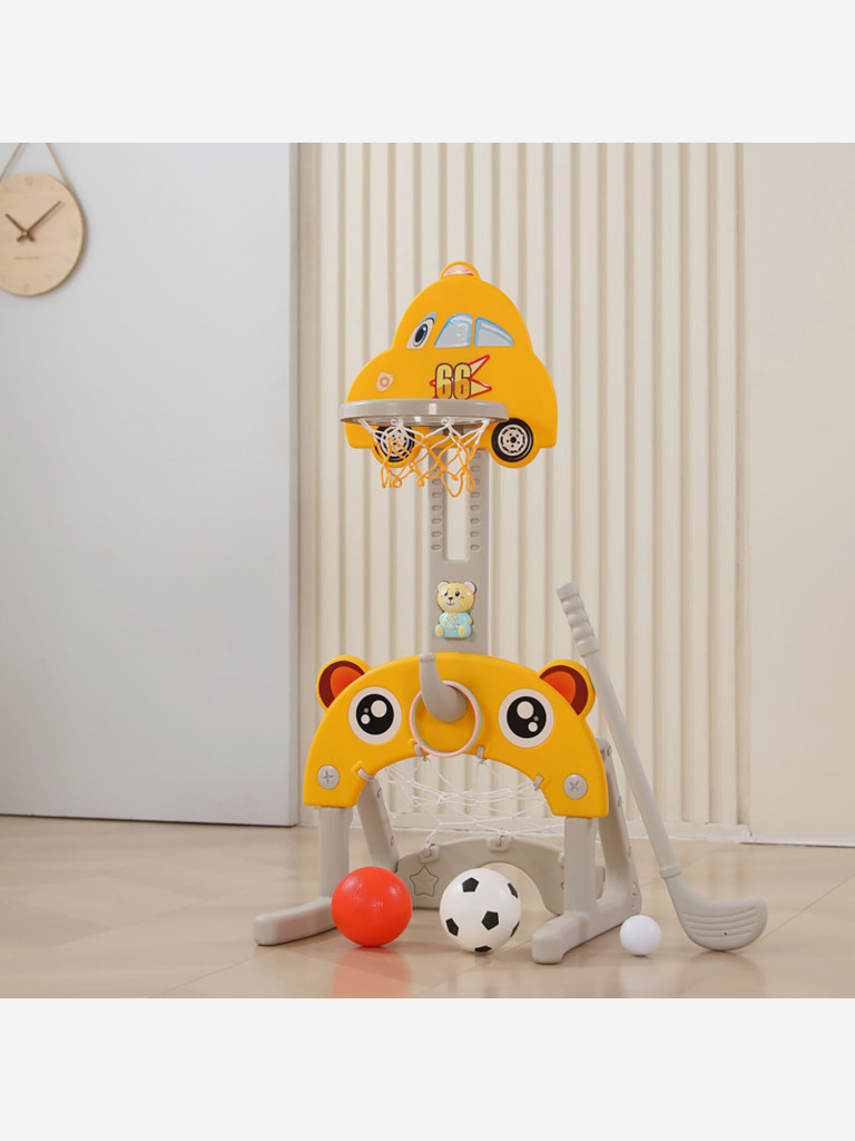Горка с качелями и баскетбольной стойкой UNIX Kids Funny Car, 160 см, желтый