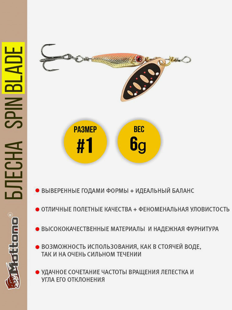 Блесна вращающаяся для рыбалки Mottomo Spin Blade#1 6g Copper 31 для спиннинга. Вертушка на голавля, жереха, щуку