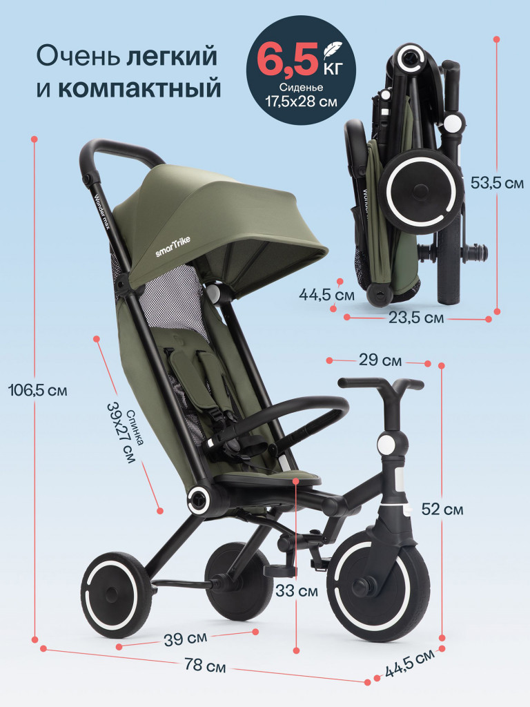 Велосипед детский трехколесный с ручкой SmarTrike Wonder Max Sage, складной, для путешествий
