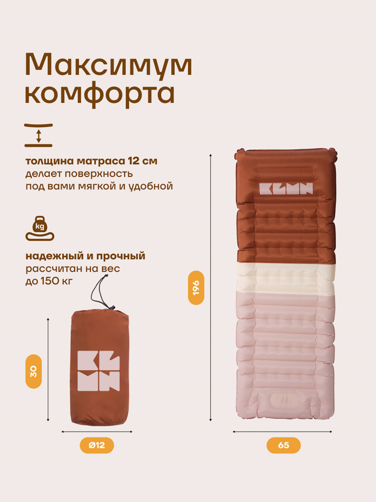 Коврик надувной KLMN односпальный со встроенным насосом, бежевый