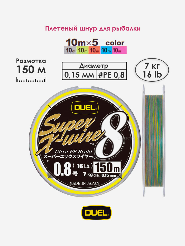 Плетеный шнур 150 м, 7.0 кг, 5Color-Yellow Marking #0.8 (0.15 мм) Duel PE SUPER X-WIRE 8