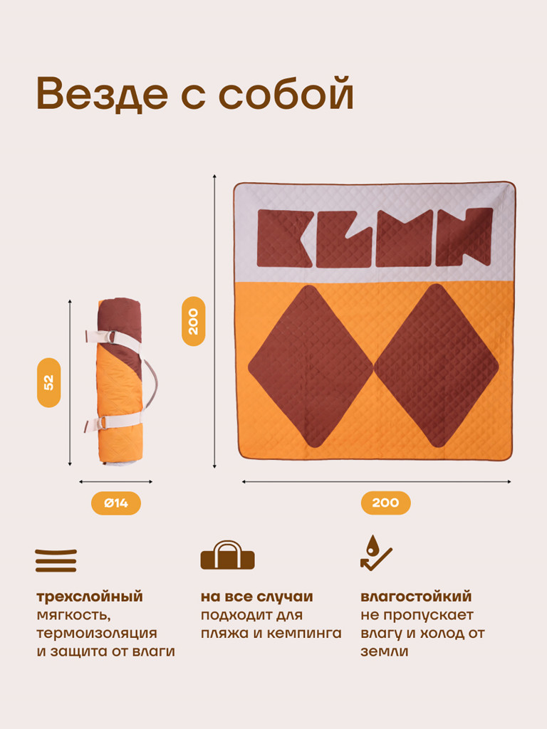 Плед туристический KLMN 200×200 см для кемпинга и пикника, желто-коричневый
