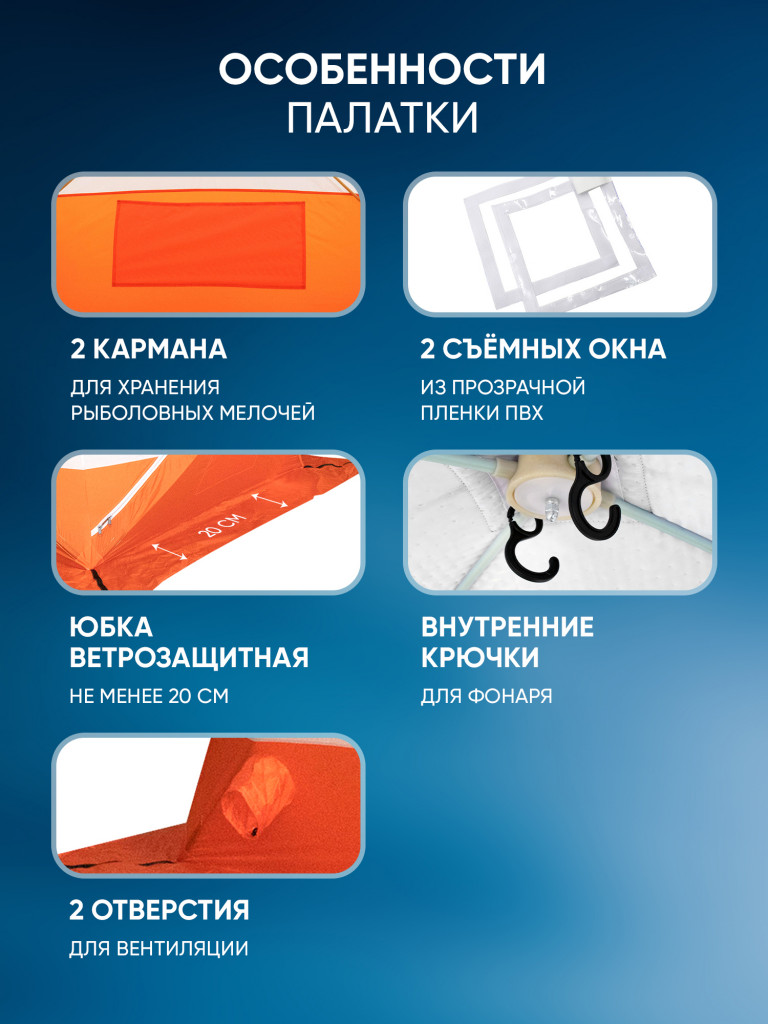 Палатка зимняя куб Следопыт 2,1 х2,1 м, Oxford 210D PU 1000, S по полу 4,4 кв.м, цвет оранжевый, белый.