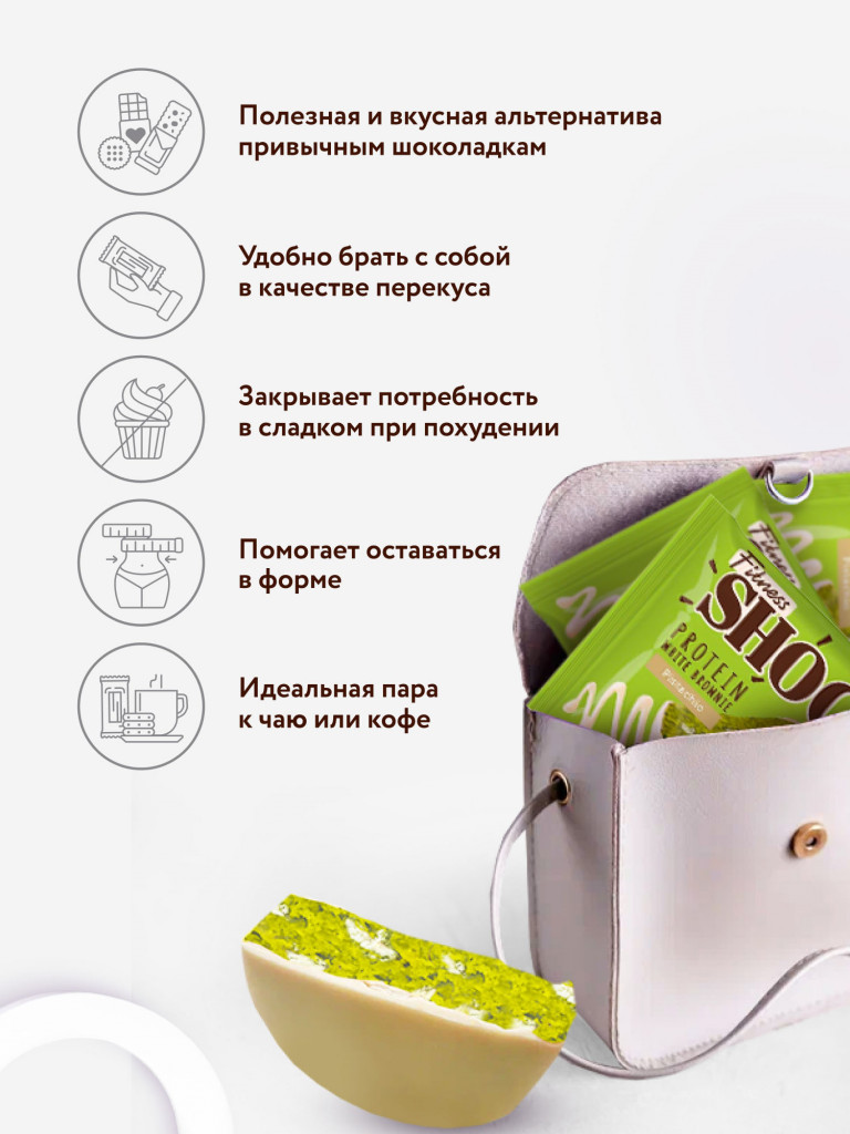 Протеиновые брауни без сахара Фисташка белый шоколад Fitness SHOCK 10 шт
