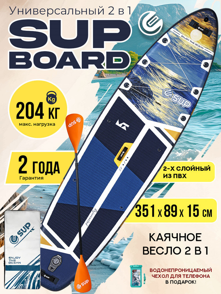 Надувной сапборд E-SUP CLASSIC BLUE 11'6" (351×89×15 см), универсальный