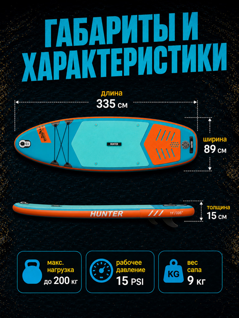 Sup-доска Hunterboard ACTIVE 11', 335х89х15 см, Red/Blue