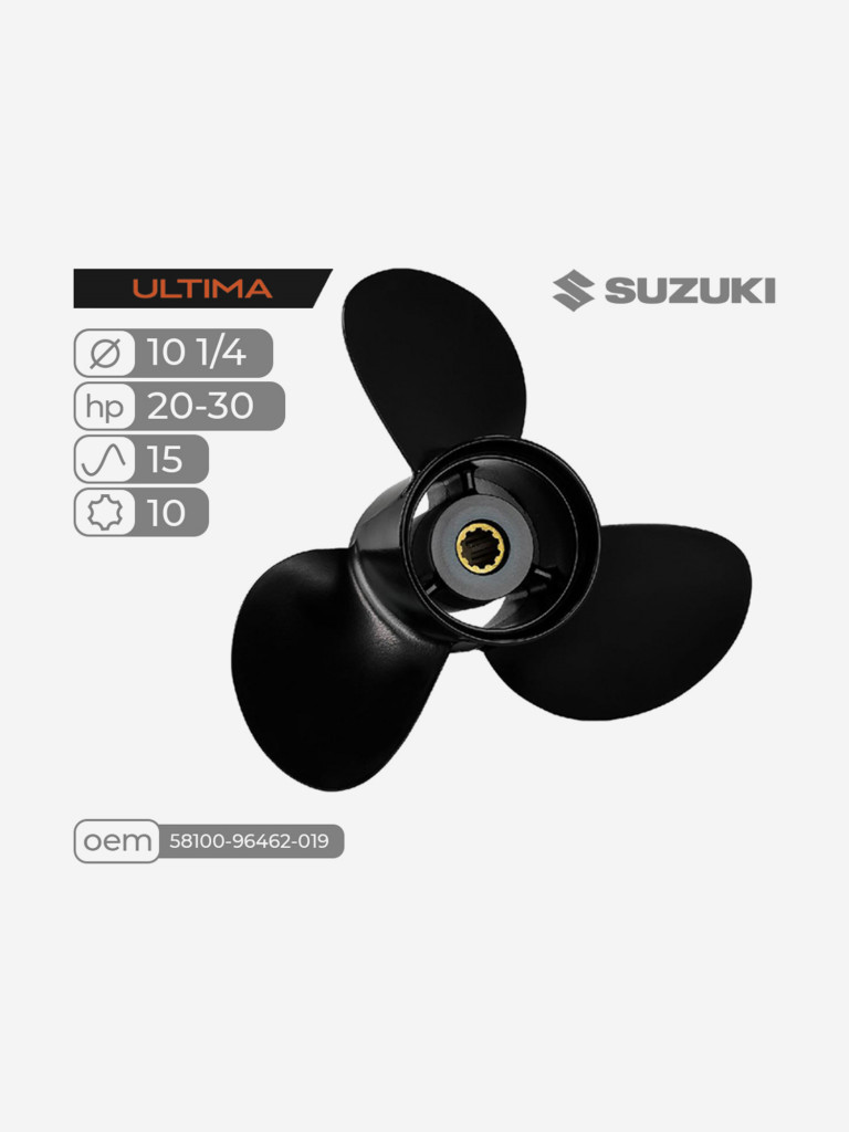 Гребной винт Skipper Ultima для Suzuki 20-30HP, алюминиевый, диаметр 10 1/4", шаг 15"