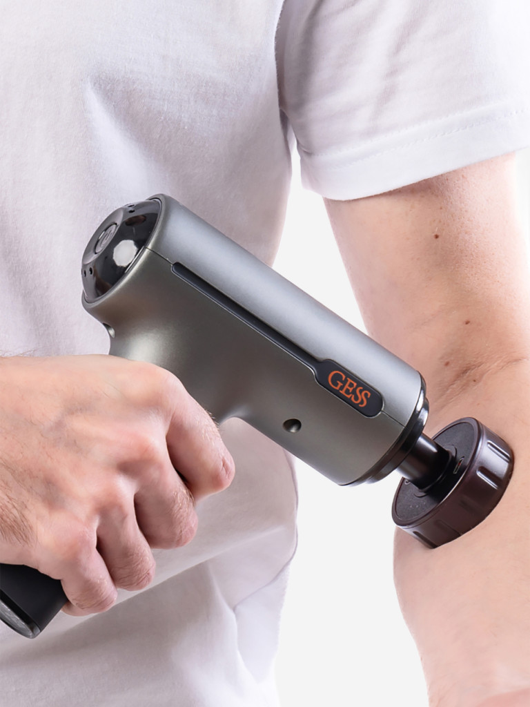 Перкуссионный массажер для тела GESS Revolver Plus, массажный пистолет, ударный, 5 насадок, уникальная насадка с прогревом