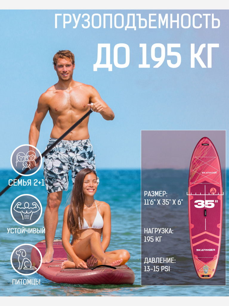 Надувная двухслойная SUP-доска SKATINGER Meteor Pink, 11'6" 351*89*15 см, сапборд