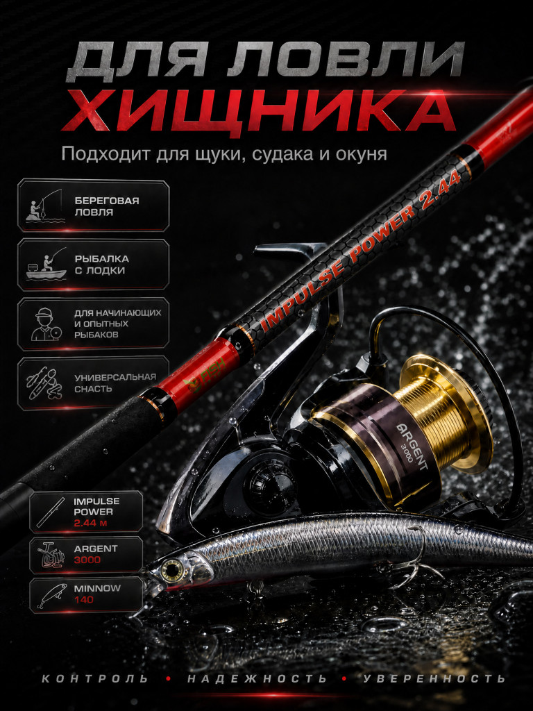 Спиннинговый набор "IMPULSE POWER" 2.44м 5-20г + катушка ARGENT 3000 + Воблер Минноу 140 мм (Комплект для ловли хищника)