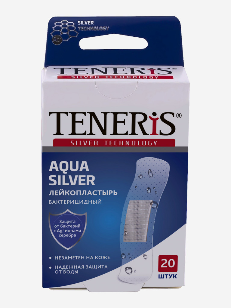 Бактерицидный лейкопластырь TENERIS AQUA Silver с ионами серебра на прозрачной полимерной основе, 20 шт