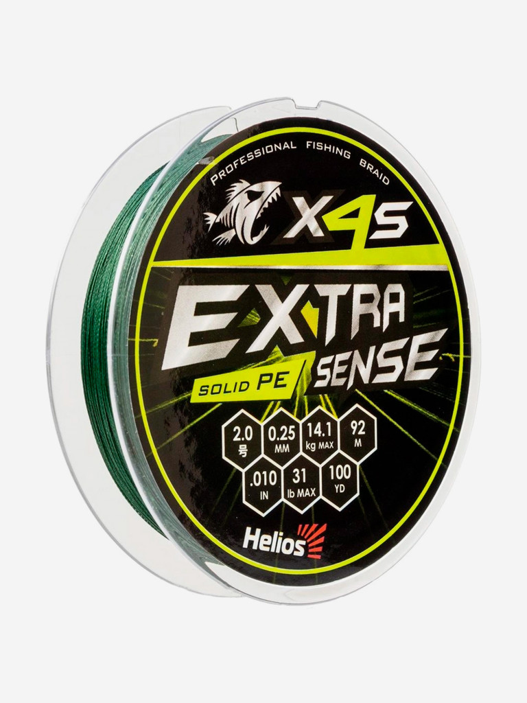 Шнур плетеный для рыбалки Helios Extrasense X4S PE, 92м, 0,25мм, 14,1кг, зеленый
