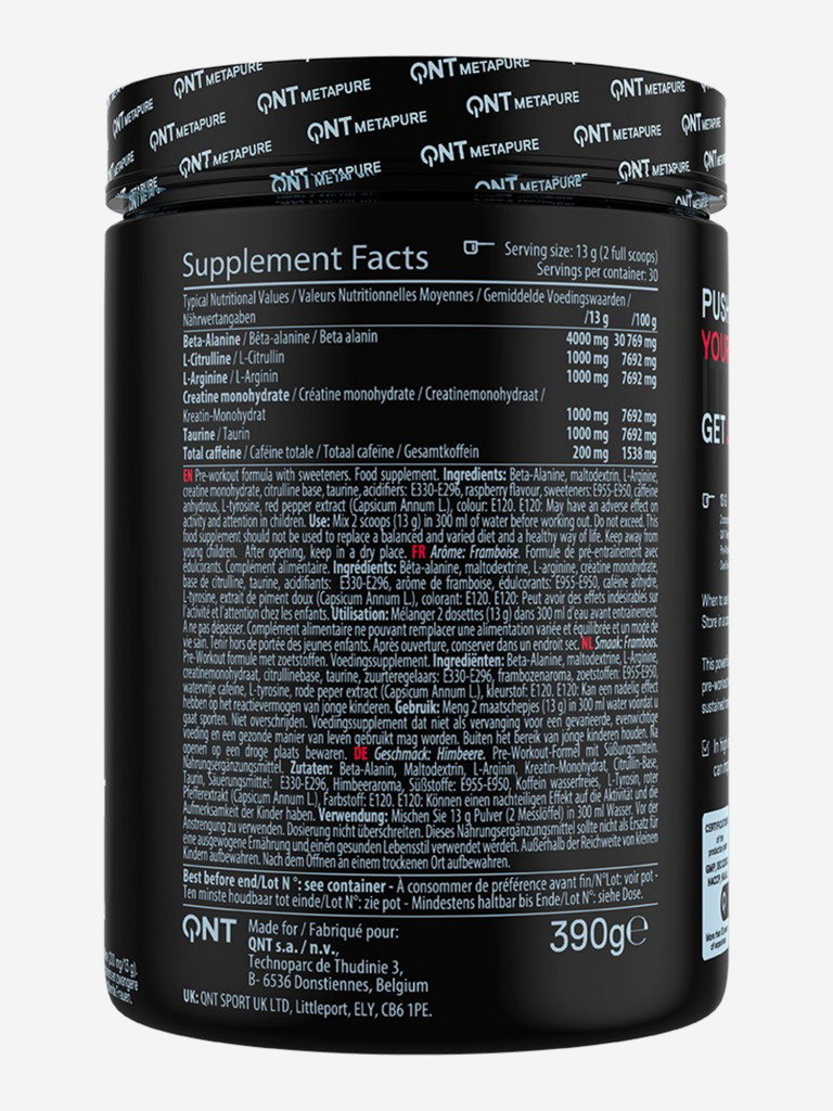 Предтренировочный комплекс, Креатин, Бета Аланин, QNT Metapure Pre-Workout Overdrive 390г, Малина.