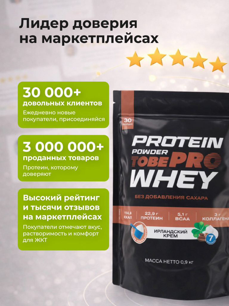 Протеин сывороточный без сахара TobePRO Whey Protein с коллагеном Ирландский крем, 900 г/30 порций