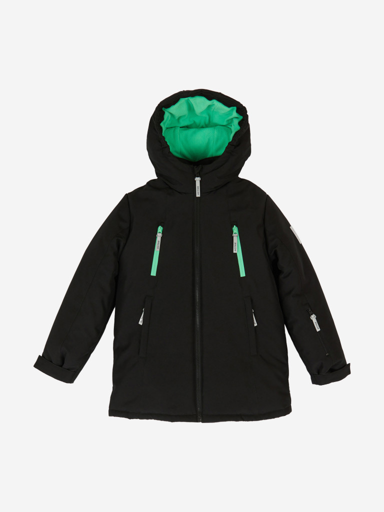 Куртка зимняя непромокаемая с капюшоном и манжетами-митенками черная для мальчика Button Blue