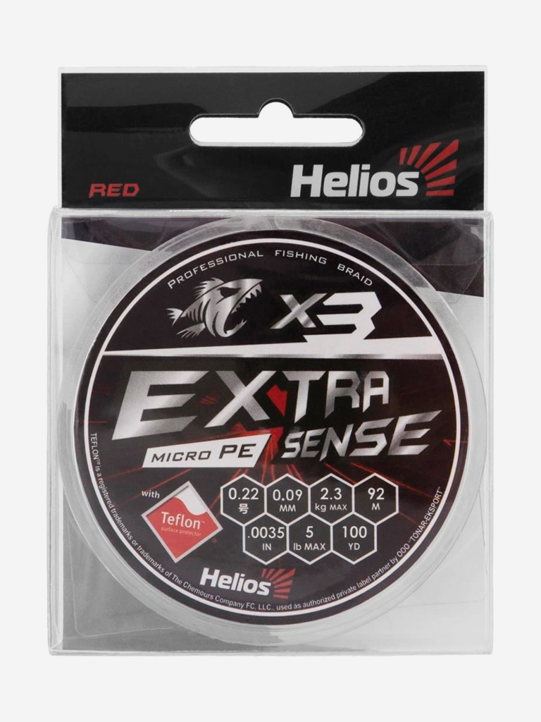 Шнур плетеный для рыбалки Helios Extrasense X3 PE, 92м, 0,09мм, 2,3кг, красный