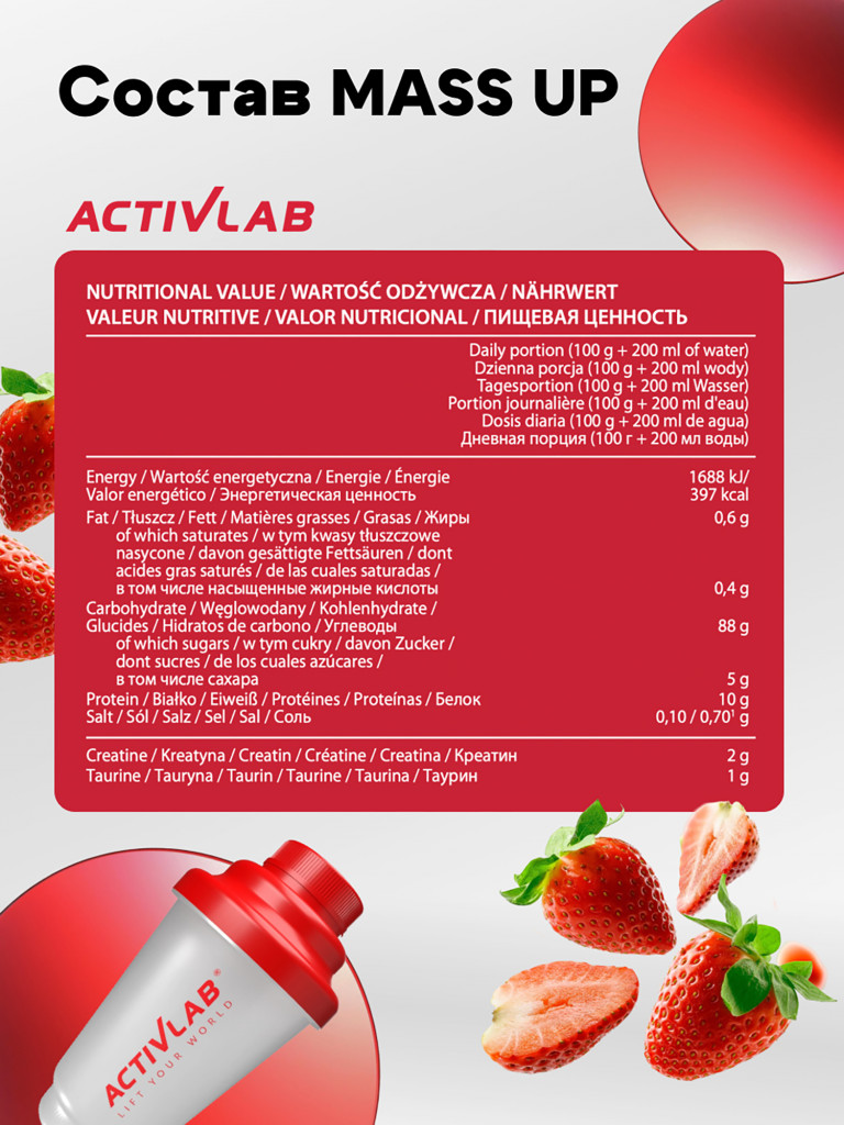 Гейнер для набора массы 2 кг Activlab Mass up, клубника, спортивное питание для похудения
