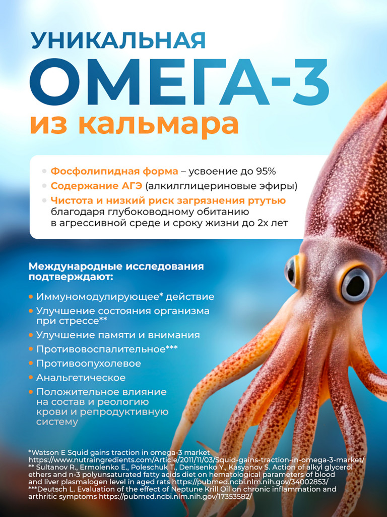 Омега 3 из печени кальмара с АГЭ комплексом, поддержка сердца и сосудов, для мозга, иммунитета и энергии, 1440 мг, 120 капсул / Доктор Море