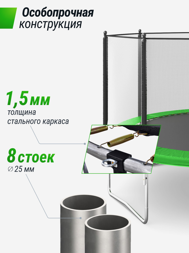 Батут каркасный UNIX Line Simple 12 ft Green с внешней защитной сеткой, общий диаметр 366 см, до 150 кг