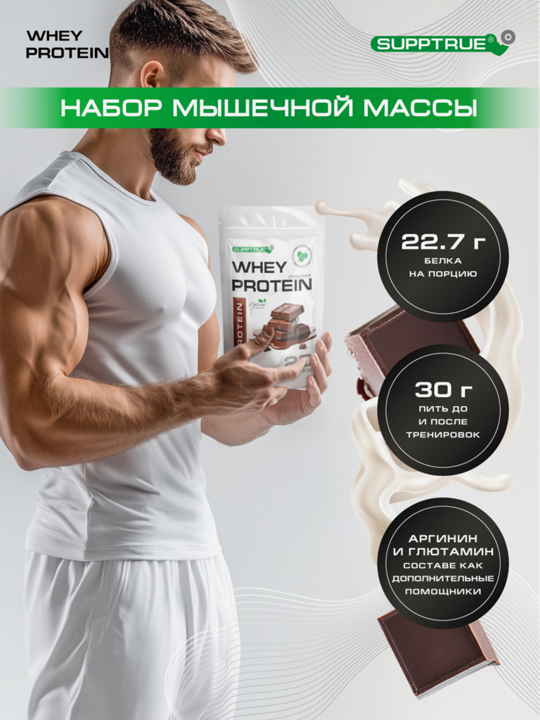 Протеин сывороточный Supptrue / Protein isolate / со вкусом Шоколада/ 500г 20 порций